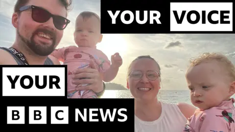 BBC Nathan, his wife and their two children on holiday with a sunset over the sea in the background with the words Your Voice Your BBC News overlaid in black and white  How we saved hundreds of pounds on our summer holiday 35a1fe80 5fdf 11f0 960d e9f1088a89fe