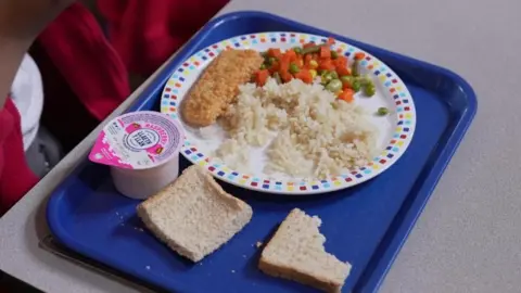 de7c01d0-5e32-11f0-82bc-dd28581cdb62 de7c01d0-5e32-11f0-82bc-dd28581cdb62 BBC A blue tray with a child's school dinner on it - there is a plate with rice, breaded fish and a vegetable medley. Two pieces of bread and a yoghurt are next to it. Parents braced for more school meal price rises de7c01d0 5e32 11f0 82bc dd28581cdb62